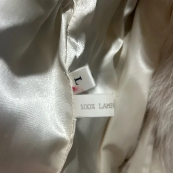 Y2K Leather Cream lamb Fur-Trimmed Women's Coat findland died real fur large - Picture 6 of 6